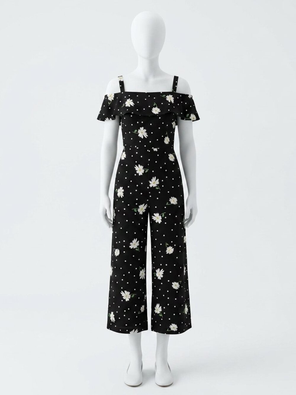 Karl Lagerfeld Paris Daisy & Polka Dot Black Romper Size 4 Off-Shoulder Ruffle - Picture 2 of 6